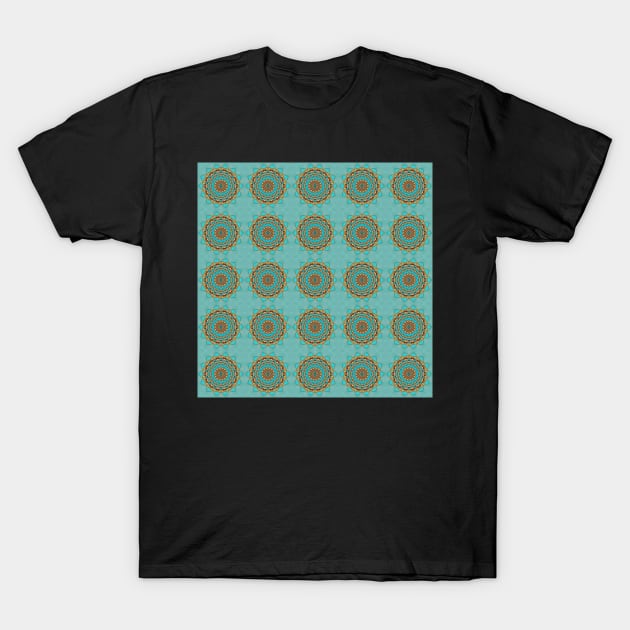 Turquoise and Gold gemmed Kaleidoscope pattern 23 T-Shirt by Swabcraft